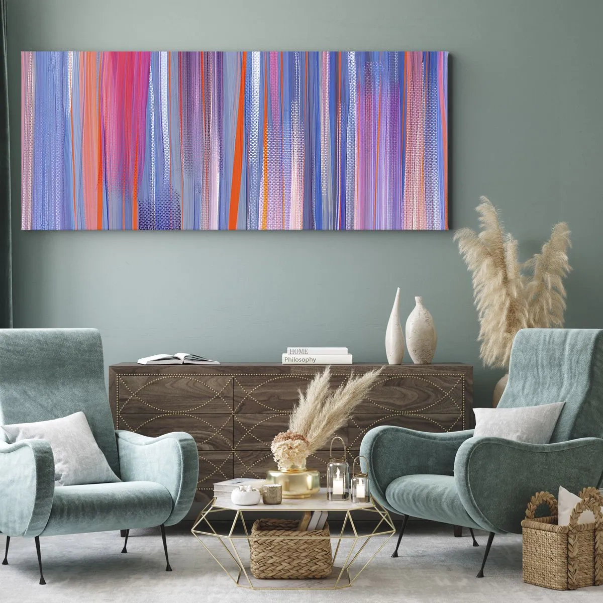 Impression sur toile - Image sur toile - Lignes verticales abstraites dans des tons de bleu et de rose - 120x50cm - Ascension - Décoration murale moderne pour le salon et la chambre ARTTOR