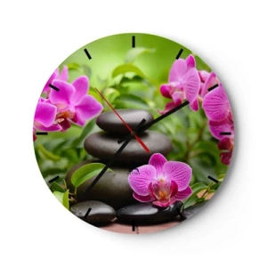 Horloge murale - Pendule murale - Pierres noires et orchidées roses sur fond vert - 30x30cm - Pyramide de la Paix - Décoration murale moderne pour le salon, la cuisine et la chambre ARTTOR