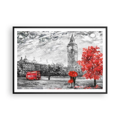 Affiche dans un cadre noir - Poster - Vue emblématique de Londres avec Big Ben, un bus rouge et un parapluie - 100x70cm - Une journée passionnante - Décoration murale moderne pour le salon et la chambre ARTTOR