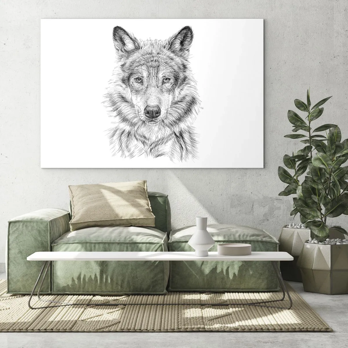 Impression sur verre - Image sur verre - Croquis noir et blanc d'une tête de loup sur fond blanc - 70x50cm - Un leader né - Décoration murale moderne pour le salon et la chambre ARTTOR