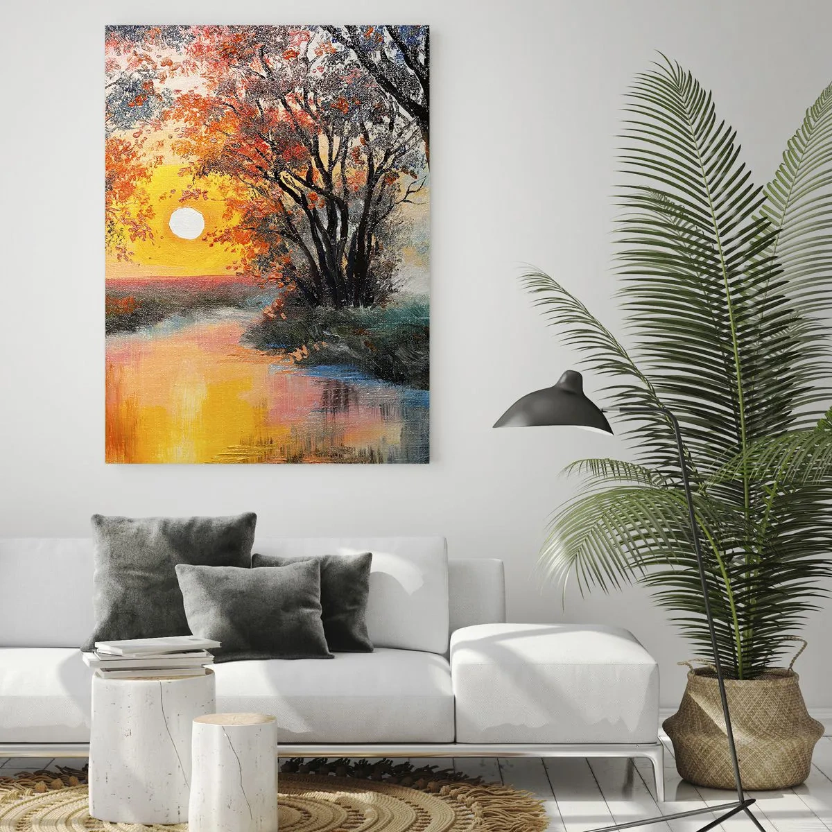 Impression sur verre - Image sur verre - Coucher de soleil sur la rivière dans un paysage d'automne - 70x100cm - Climats de printemps - Décoration murale moderne pour le salon et la chambre ARTTOR