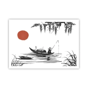 Affiche - Poster - Paysage oriental avec un pêcheur sur un bateau et un soleil rouge - 100x70cm - Après-midi asiatique - Décoration murale moderne pour le salon et la chambre ARTTOR
