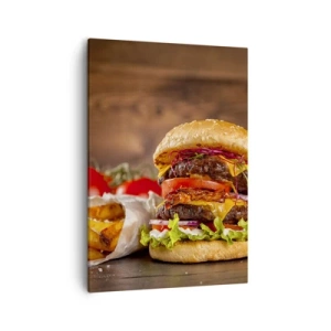 Impression sur toile - Image sur toile - Burger appétissant avec extras - 50x70cm - Le fruit défendu - Décoration murale moderne pour le salon et la chambre ARTTOR