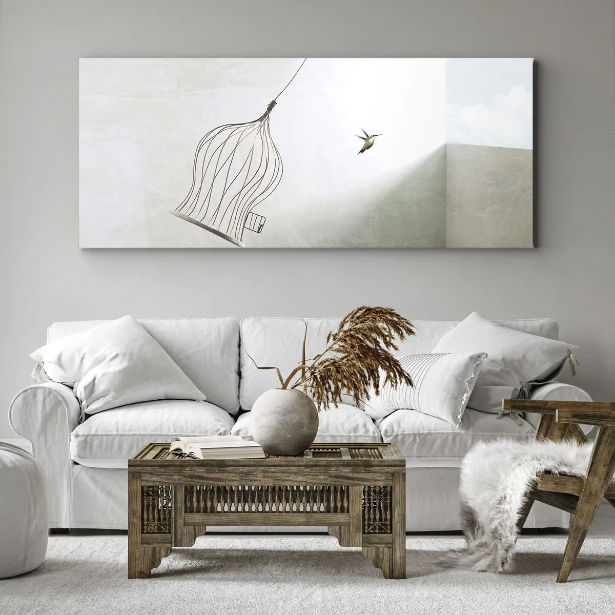 Impression sur toile - Image sur toile - Un oiseau libéré d'une cage sur fond de ciel lumineux - 120x50cm - Dans son élément - Décoration murale moderne pour le salon et la chambre ARTTOR