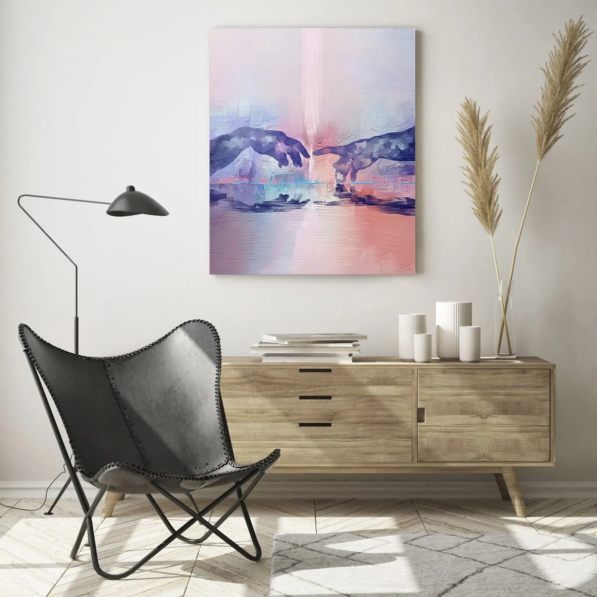 Impression sur verre - Image sur verre - Mains abstraites s'approchant l'une de l'autre sur un fond pastel. - 50x70cm - Divine étincelle de vie - Décoration murale moderne pour le salon et la chambre ARTTOR