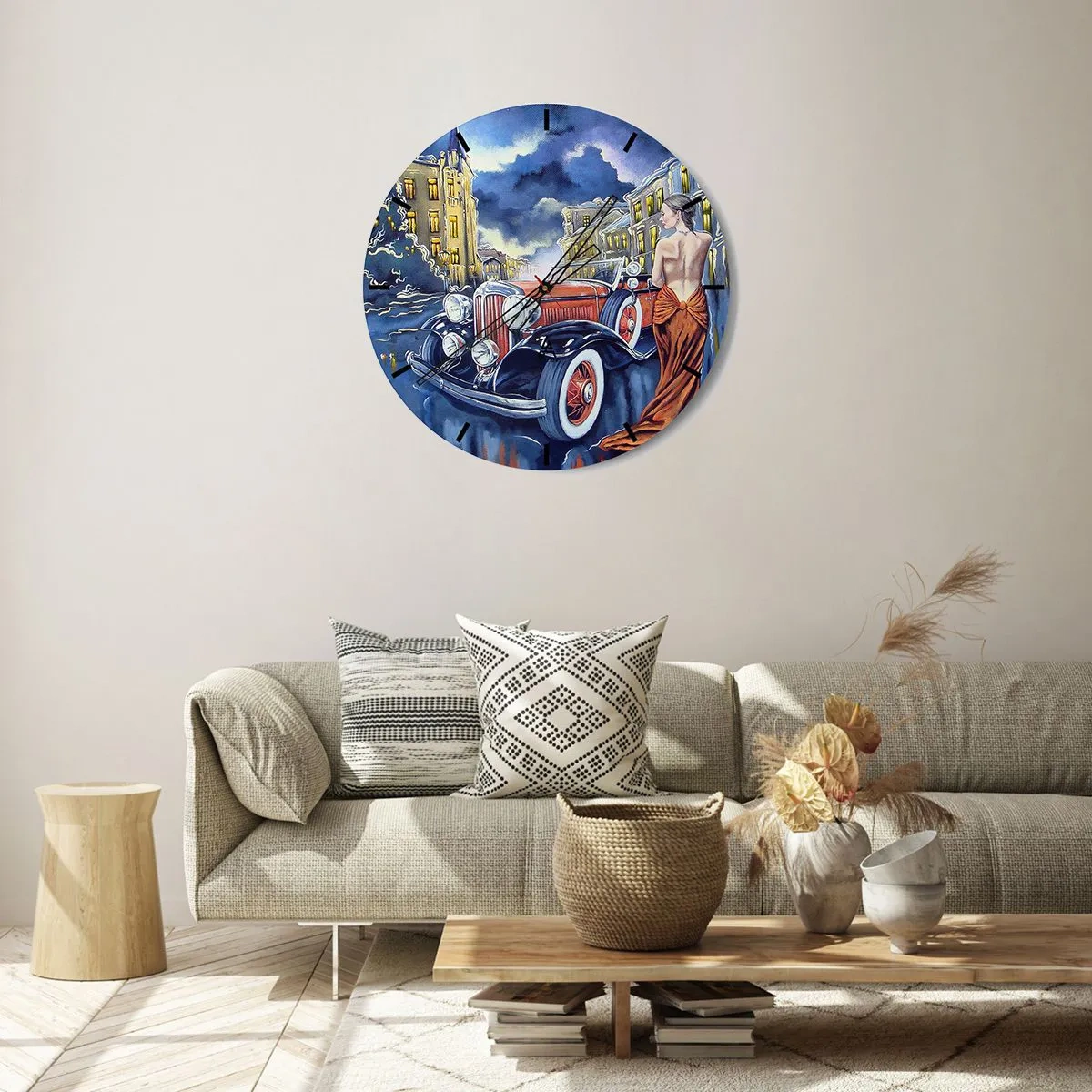 Horloge murale - Pendule murale - Nocturne en bleu et corail - 40x40 cm