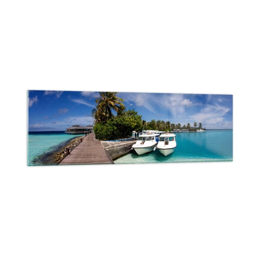 Impression sur verre - Image sur verre - Une jetée sur une mer turquoise avec des bateaux et des palmiers - 160x50cm - Et cependant, le paradis existe bien - Décoration murale moderne pour le salon et la chambre ARTTOR