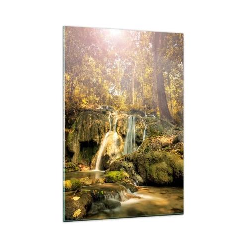 Impression sur verre - Image sur verre - Une cascade forestière sous les rayons du soleil, entourée de verdure - 80x120cm - Cascade de forêt en vert - Décoration murale moderne pour le salon et la chambre ARTTOR