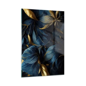 Impression sur verre - Image sur verre - Feuilles bleu foncé avec de subtils accents dorés - 50x70cm - Des dessous dorés - Décoration murale moderne pour le salon et la chambre ARTTOR