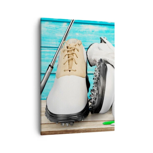 Impression sur toile - Image sur toile - Un ensemble d'accessoires de golf sur un fond en bois - 50x70cm - Tout est prêt - Décoration murale moderne pour le salon et la chambre ARTTOR