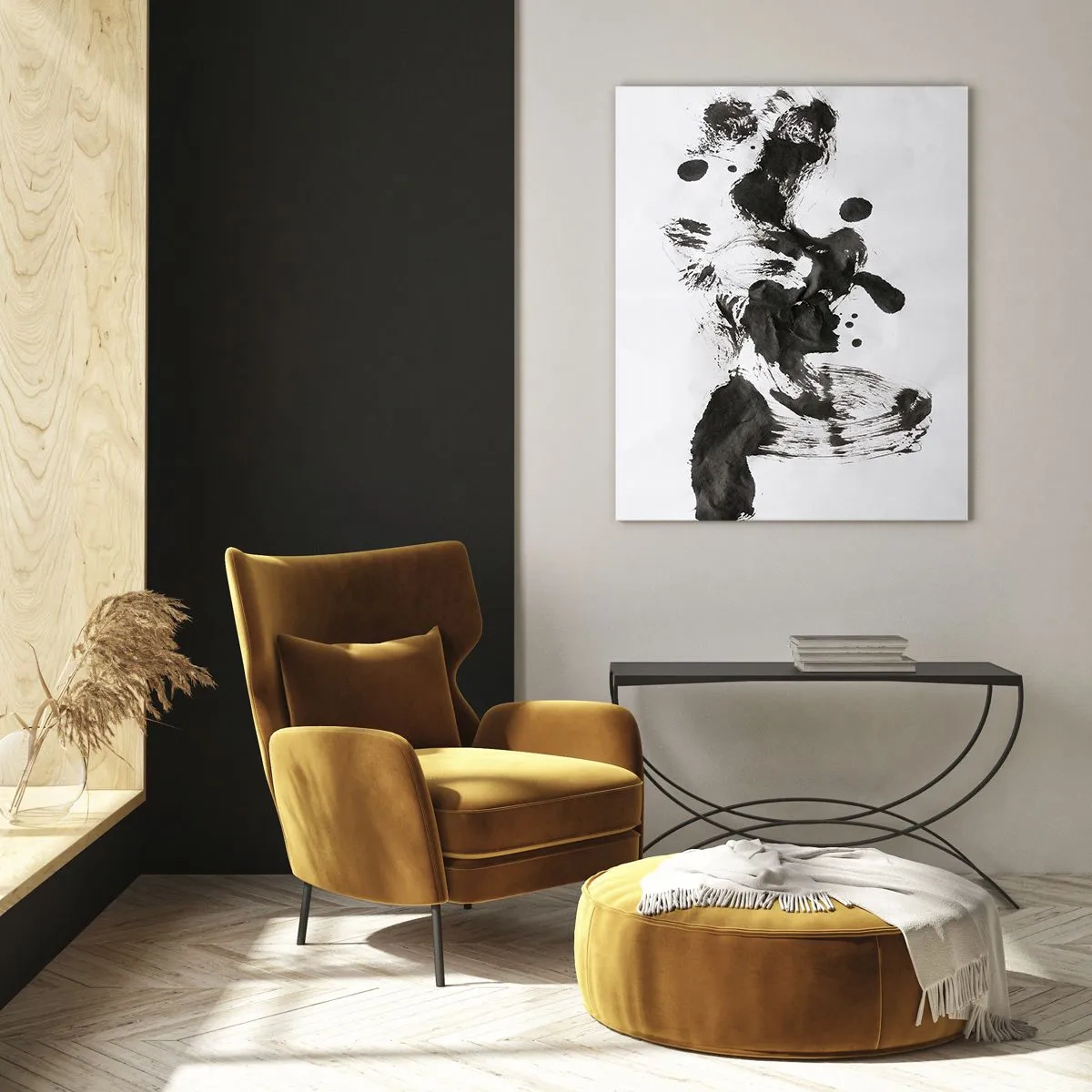 Impression sur verre - Image sur verre - Composition abstraite de taches noires sur fond blanc - 70x100cm - De la méthode dans la folie ? - Décoration murale moderne pour le salon et la chambre ARTTOR