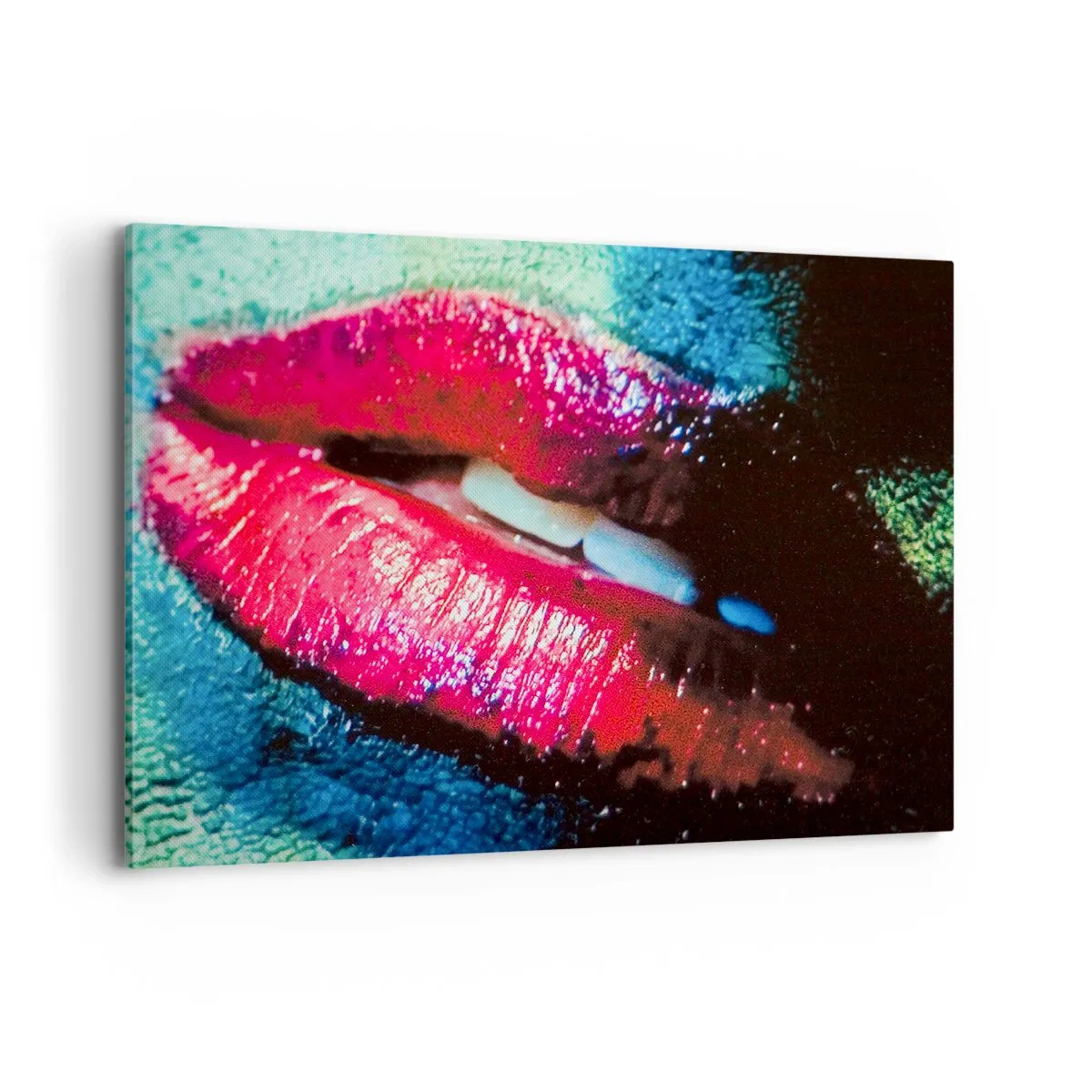 Impression sur toile - Image sur toile - Gros plan de lèvres colorées et brillantes sur un fond artistique - 120x80cm - Sensuel et dérangeant - Décoration murale moderne pour le salon et la chambre ARTTOR