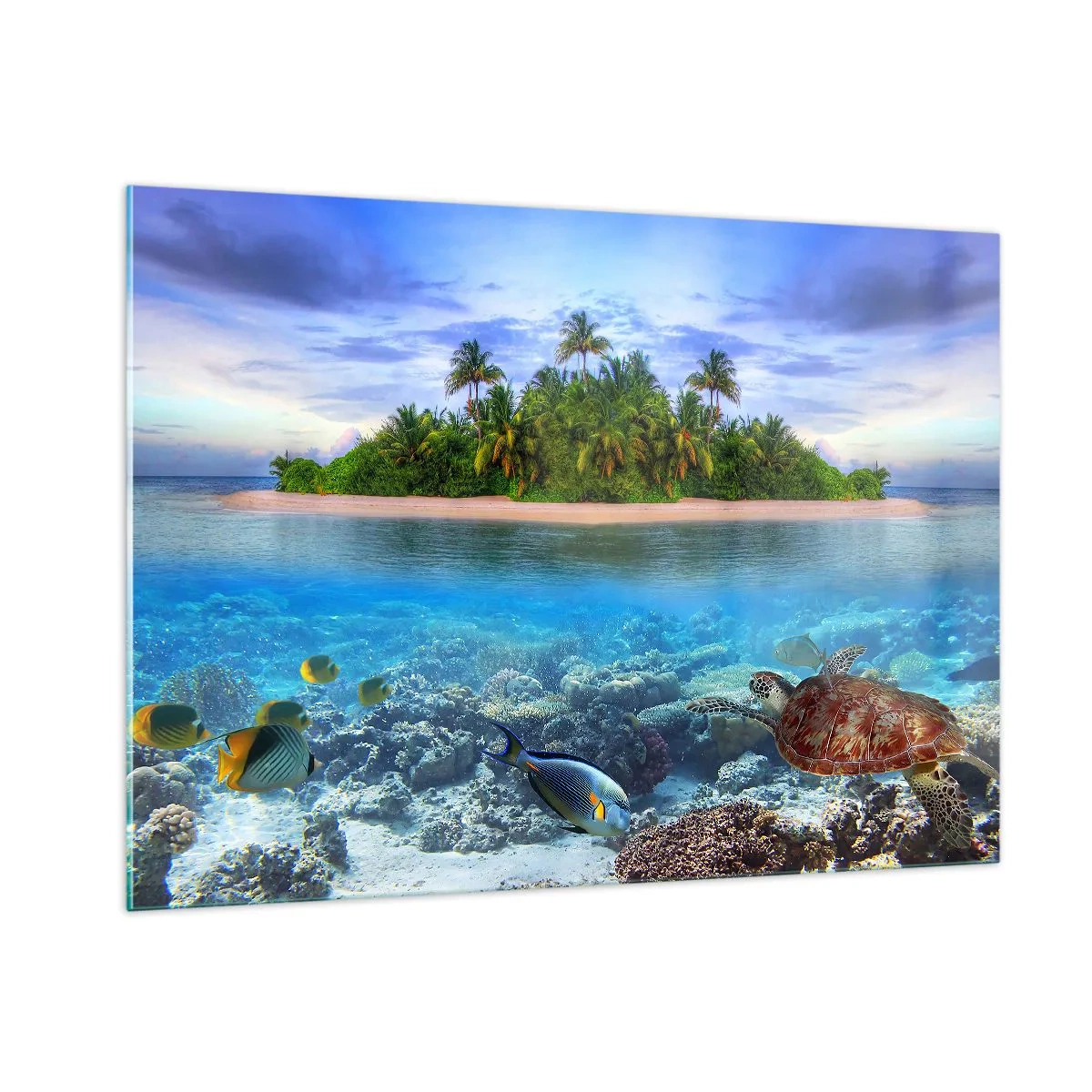 Impression sur verre - Image sur verre - Une île tropicale avec un récif corallien et une vie marine - 100x70cm - L'île céleste vous invite - Décoration murale moderne pour le salon et la chambre ARTTOR
