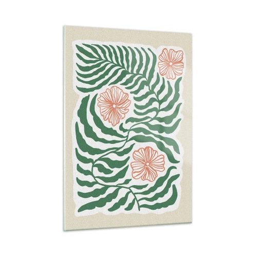 Impression sur verre - Image sur verre - Feuilles vertes et fleurs rouges dans un arrangement graphique - 50x70cm - Fleurit en vert - Décoration murale moderne pour le salon et la chambre ARTTOR
