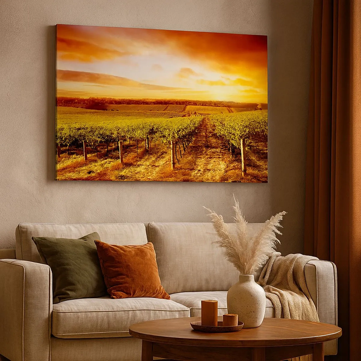 Impression sur toile - Image sur toile - Vignoble au coucher du soleil avec des tons de ciel chauds - 70x50cm - Légèrement fruité avec une pointe de soleil - Décoration murale moderne pour le salon et la chambre ARTTOR