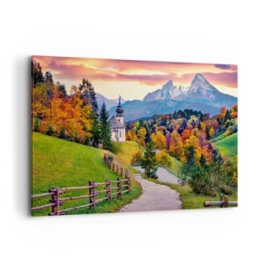Impression sur toile - Image sur toile - Paysage de montagne d'automne avec une chapelle et un coucher de soleil - 100x70cm - Paysage comme peind - Décoration murale moderne pour le salon et la chambre ARTTOR