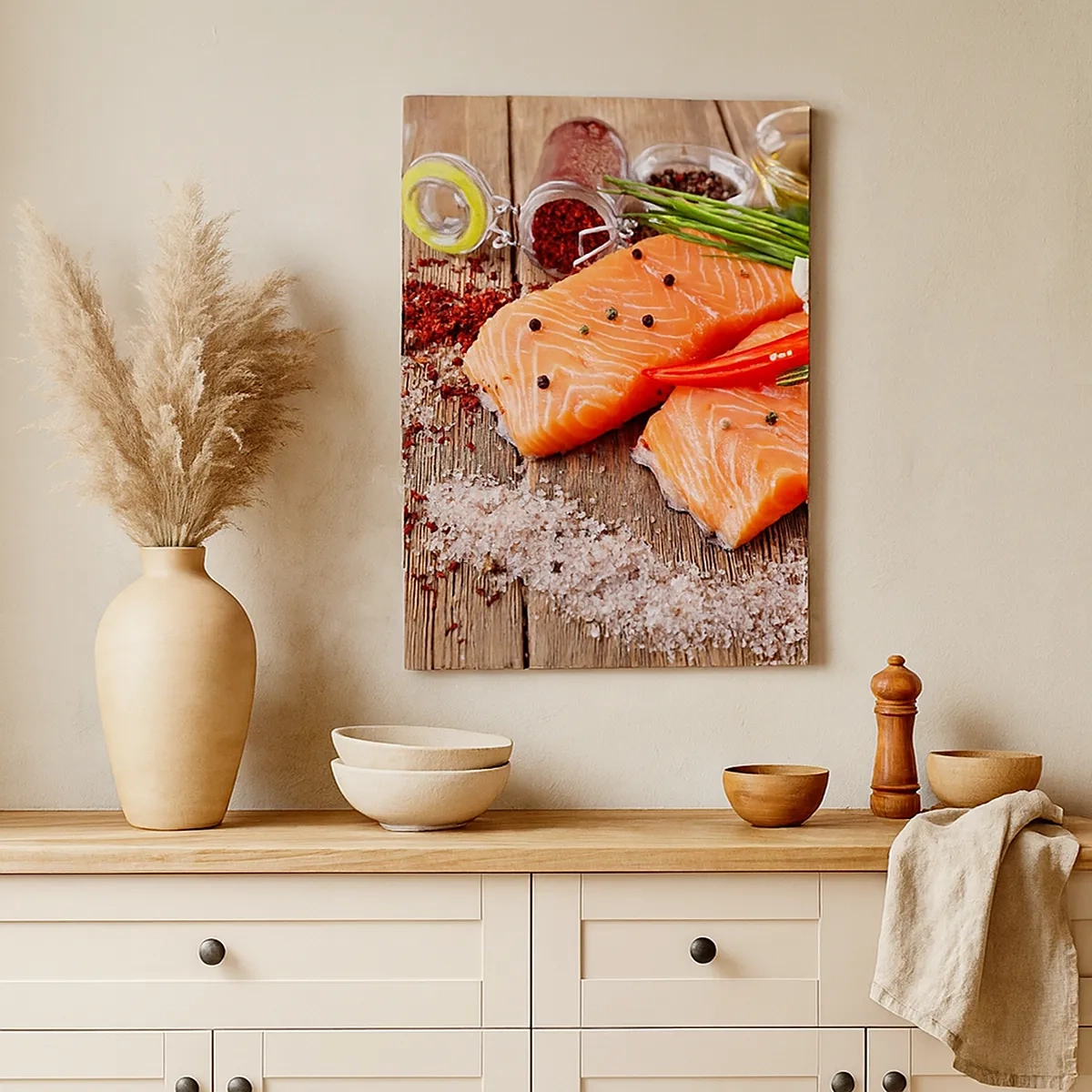 Impression sur toile - Image sur toile - Filets de saumon aux épices sur fond de bois - 50x70cm - Aventure norvégienne dans la cuisine - Décoration murale moderne pour le salon et la chambre ARTTOR