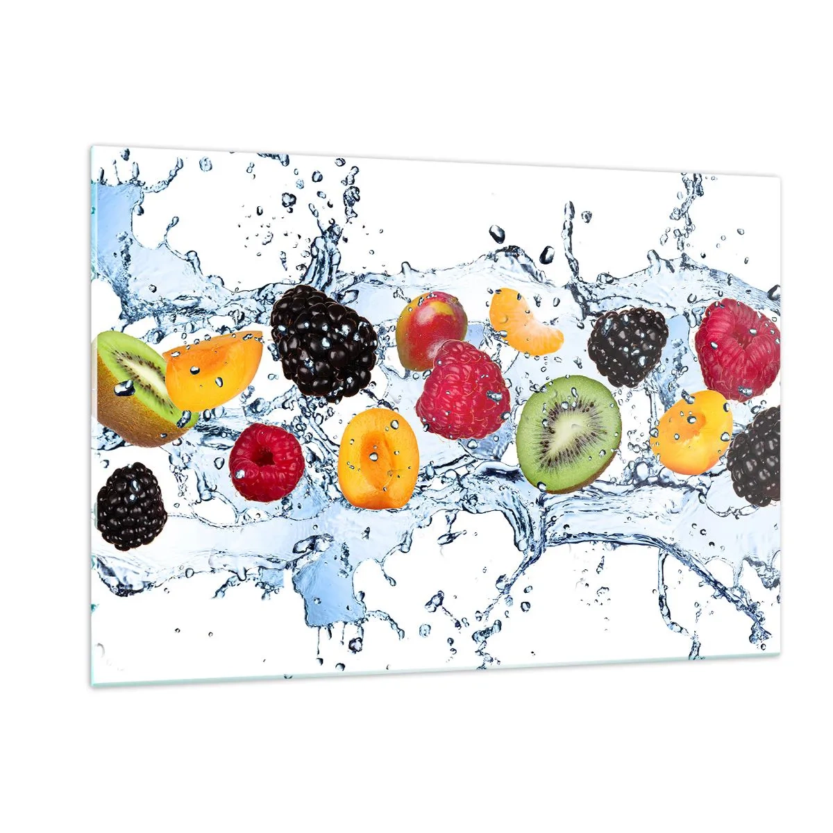 Impression sur verre - Image sur verre - Fruits colorés dans l'eau sur fond blanc - 120x80cm - Amusez-vous avec nous - Décoration murale moderne pour le salon et la chambre ARTTOR
