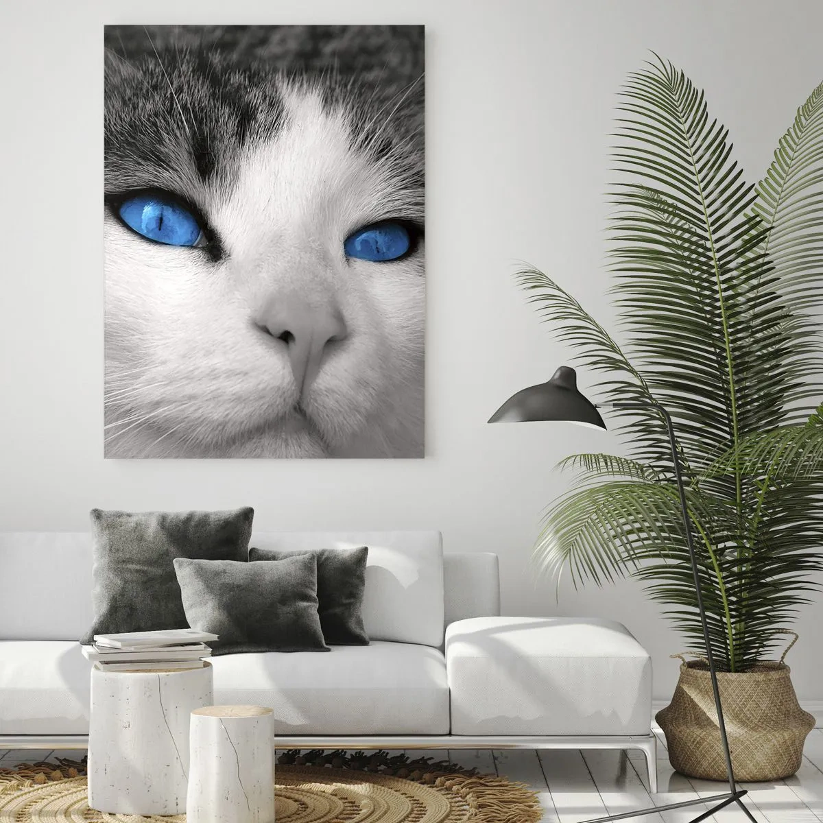 Impression sur verre - Image sur verre - Portrait d'un chat aux yeux bleus en noir et blanc - 80x120cm - Yeux bleus inhabituels - Décoration murale moderne pour le salon et la chambre ARTTOR
