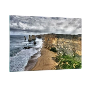 Impression sur verre - Image sur verre - Falaises surplombant l'océan et la plage sous un ciel nuageux - 120x80cm - Beauté brute - Décoration murale moderne pour le salon et la chambre ARTTOR