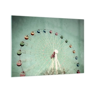 Impression sur verre - Image sur verre - Une grande roue colorée sur un fond vert pastel - 70x50cm - Nous vous invitons à vous amuser - Décoration murale moderne pour le salon et la chambre ARTTOR