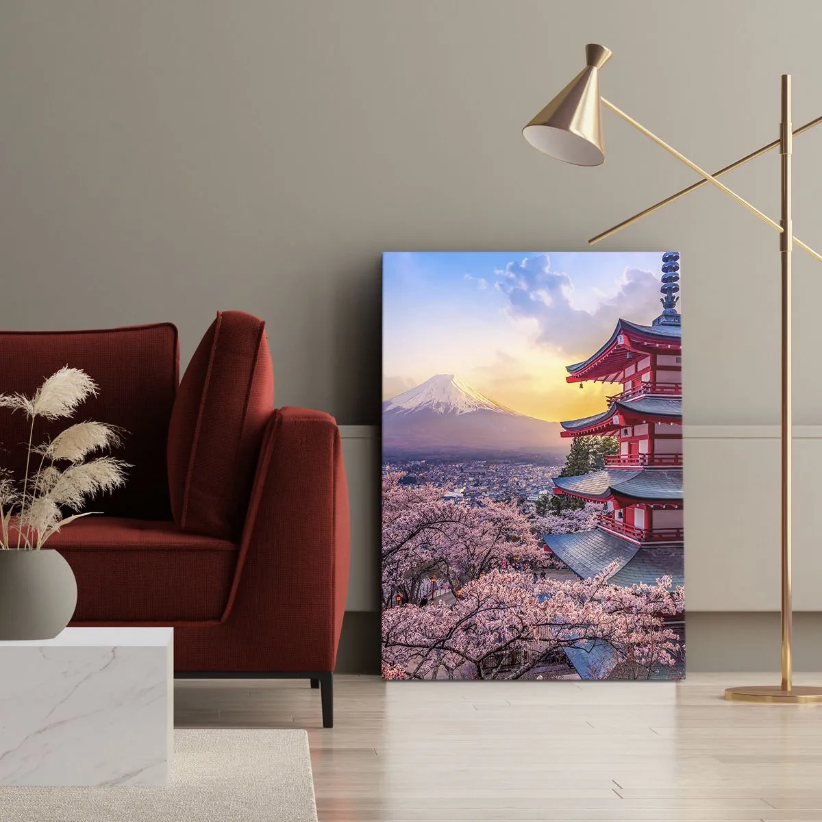 Impression sur toile - Image sur toile - Une pagode au Japon avec des cerisiers en fleurs et le mont Fuji - 50x70cm - Essence d'âme japonnaise - Décoration murale moderne pour le salon et la chambre ARTTOR