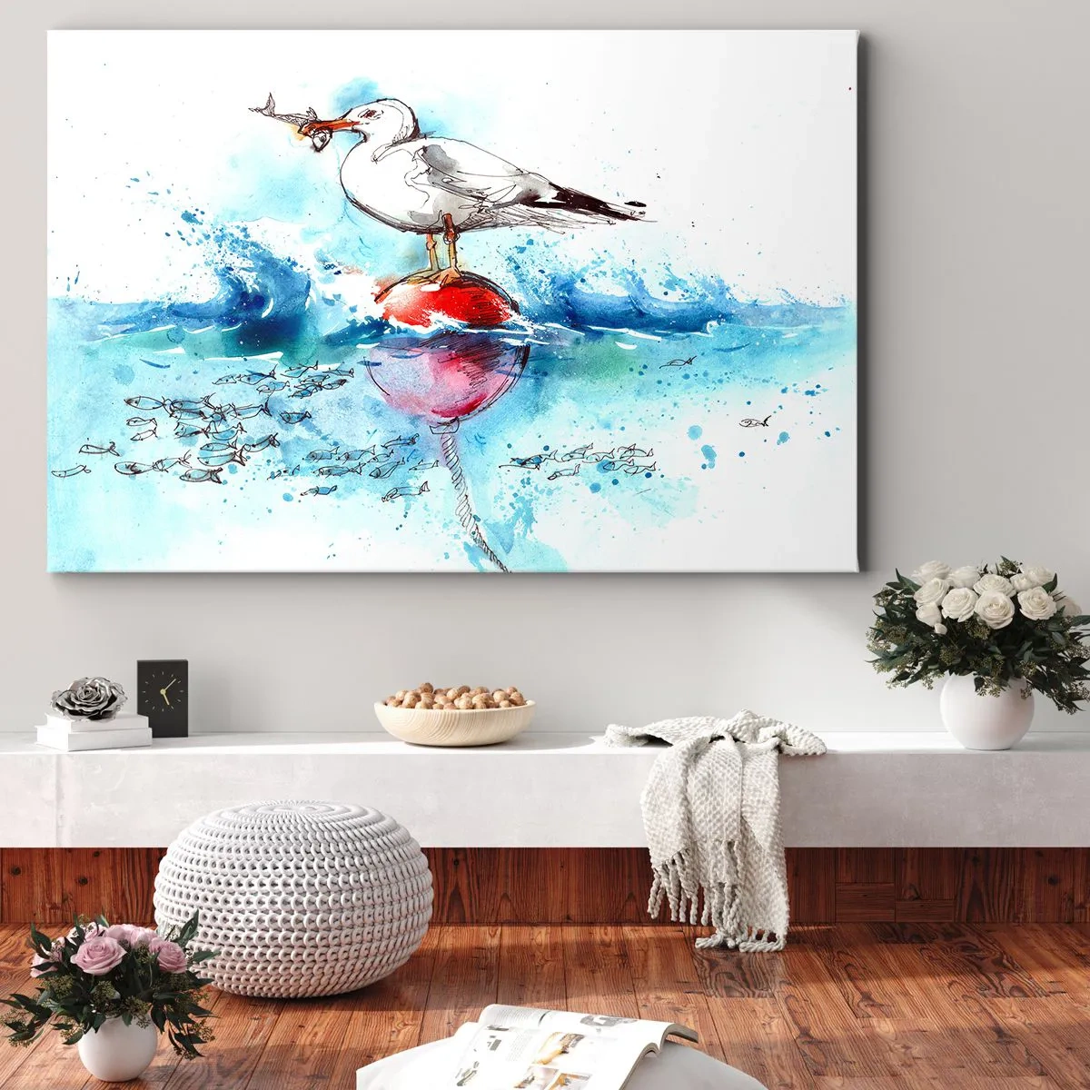 Impression sur toile - Image sur toile - Mouette sur une bouée avec des poissons en arrière-plan dans un style aquarelle - 70x50cm - Prise réussie - Décoration murale moderne pour le salon et la chambre ARTTOR