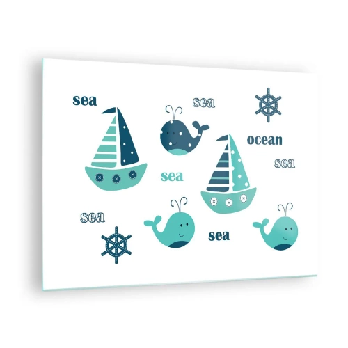 Impression sur verre - Image sur verre - Thème nautique avec voiliers et baleines - 70x50cm - À travers les mers et les océans - Décoration murale moderne pour le salon et la chambre ARTTOR