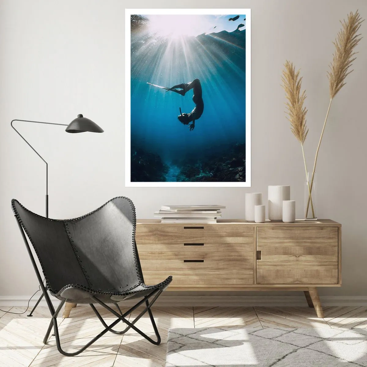 Affiche - Poster - Plongeur dans les rayons de lumière sous-marine - 50x70cm - Dans sous-marine - Décoration murale moderne pour le salon et la chambre ARTTOR