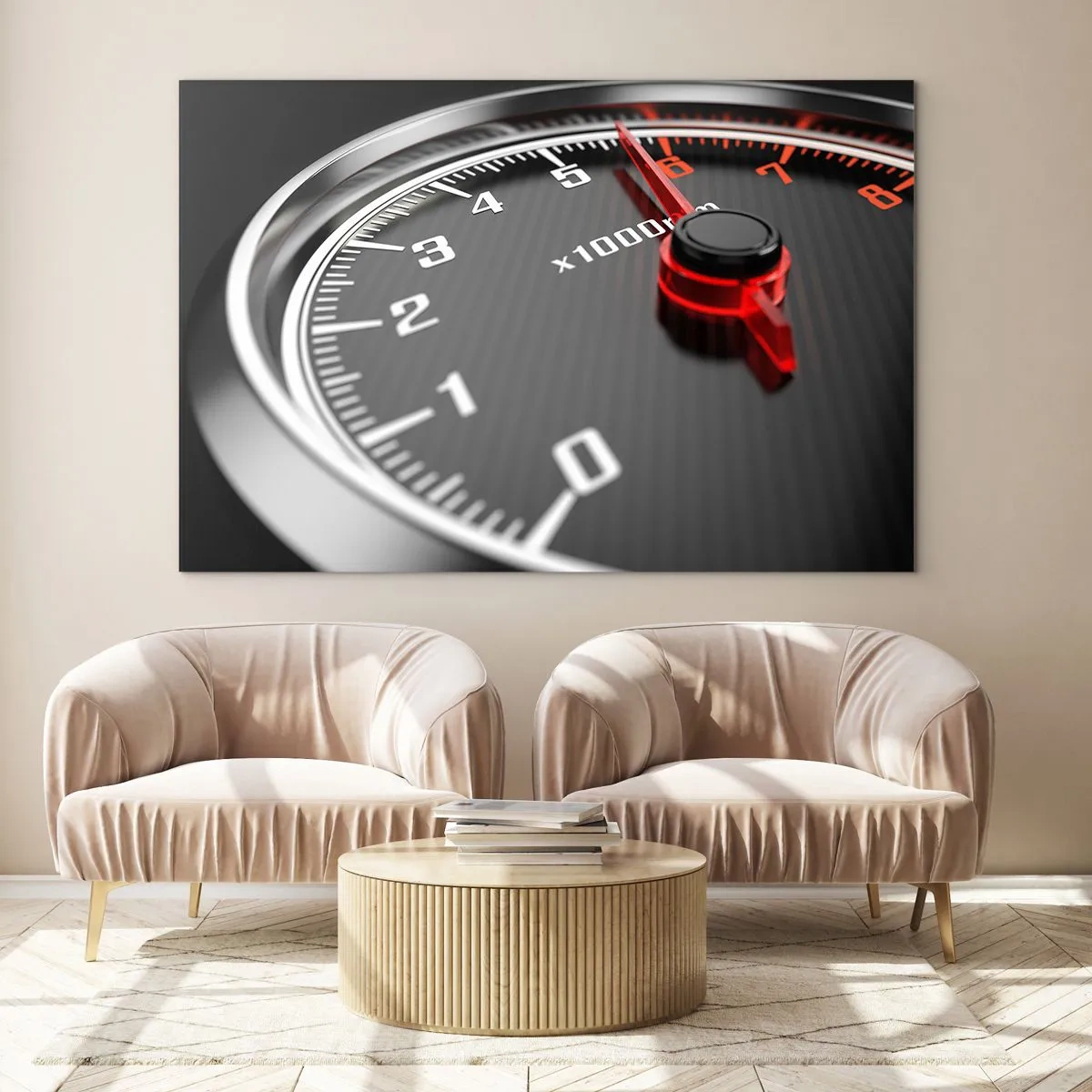 Impression sur verre - Image sur verre - Compte-tours dans une voiture de sport avec indication rouge - 70x50cm - Faites le plein - Décoration murale moderne pour le salon et la chambre ARTTOR