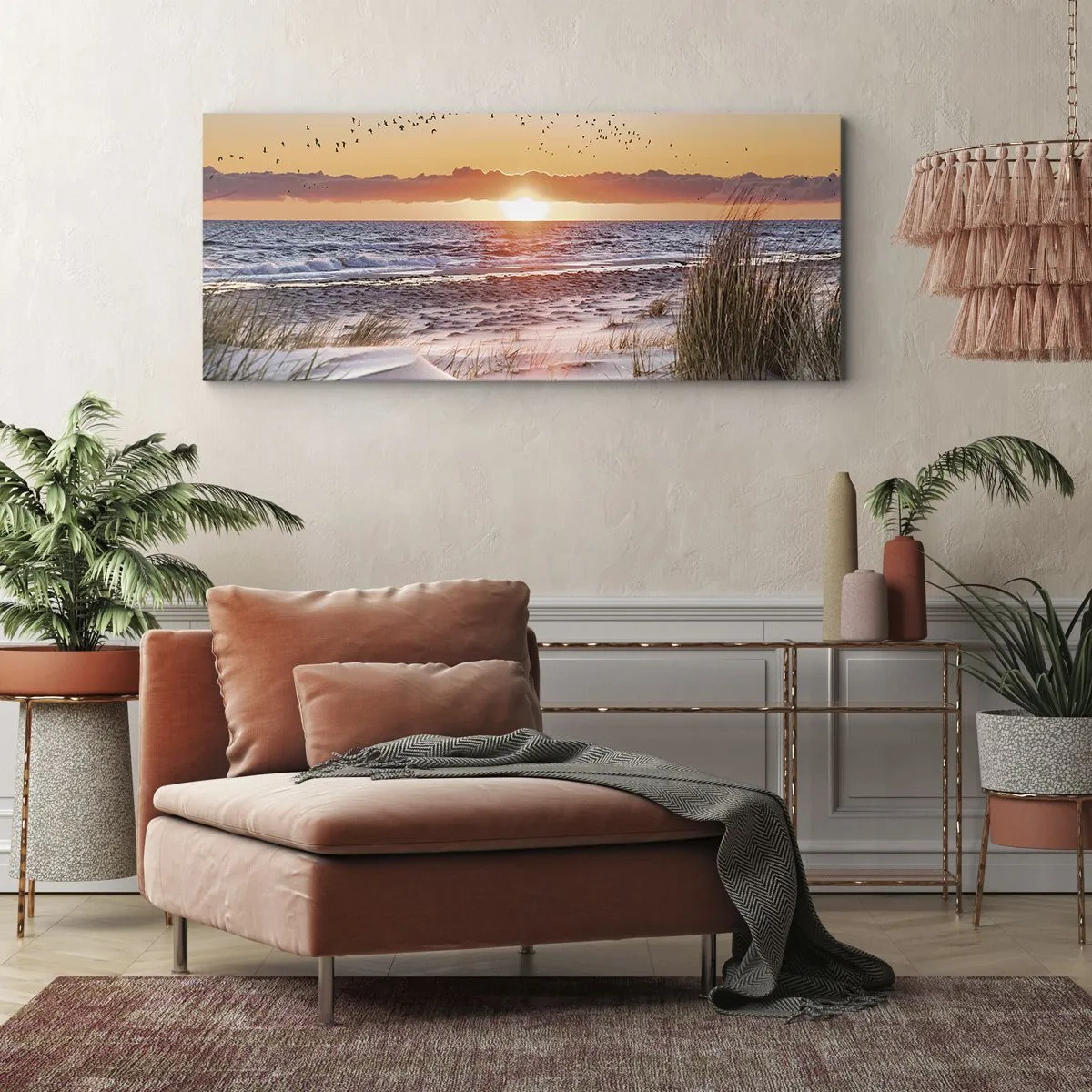 Impression sur toile - Image sur toile - Coucher de soleil sur la mer avec vue sur les dunes - 140x50cm - Paysage horizontal - Décoration murale moderne pour le salon et la chambre ARTTOR