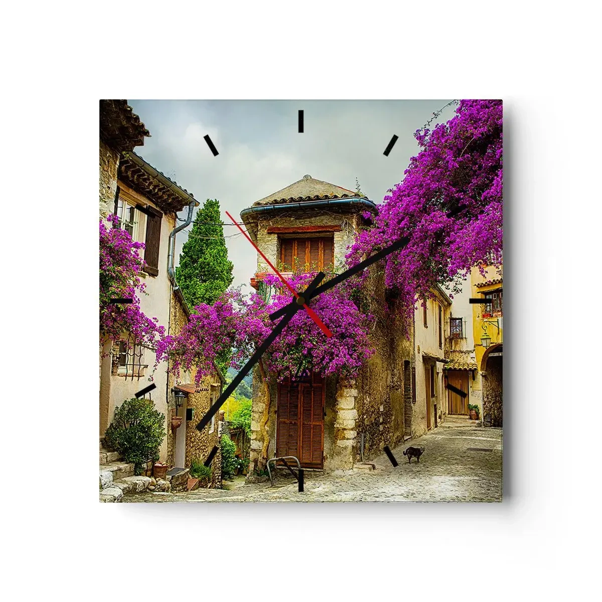 Horloge murale - Pendule murale - Une rue en pierre avec des fleurs roses et des maisons - 30x30cm - Sous un dais fleuri - Décoration murale moderne pour le salon et la chambre ARTTOR