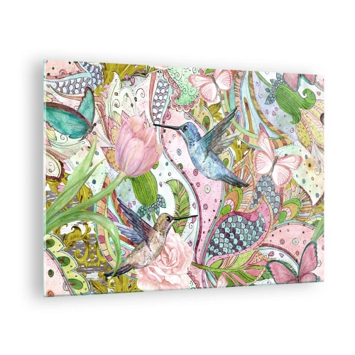 Impression sur verre - Image sur verre - Colibris colorés parmi les fleurs et les papillons - 70x50cm - Empêtré dans les vignes - Décoration murale moderne pour le salon et la chambre ARTTOR