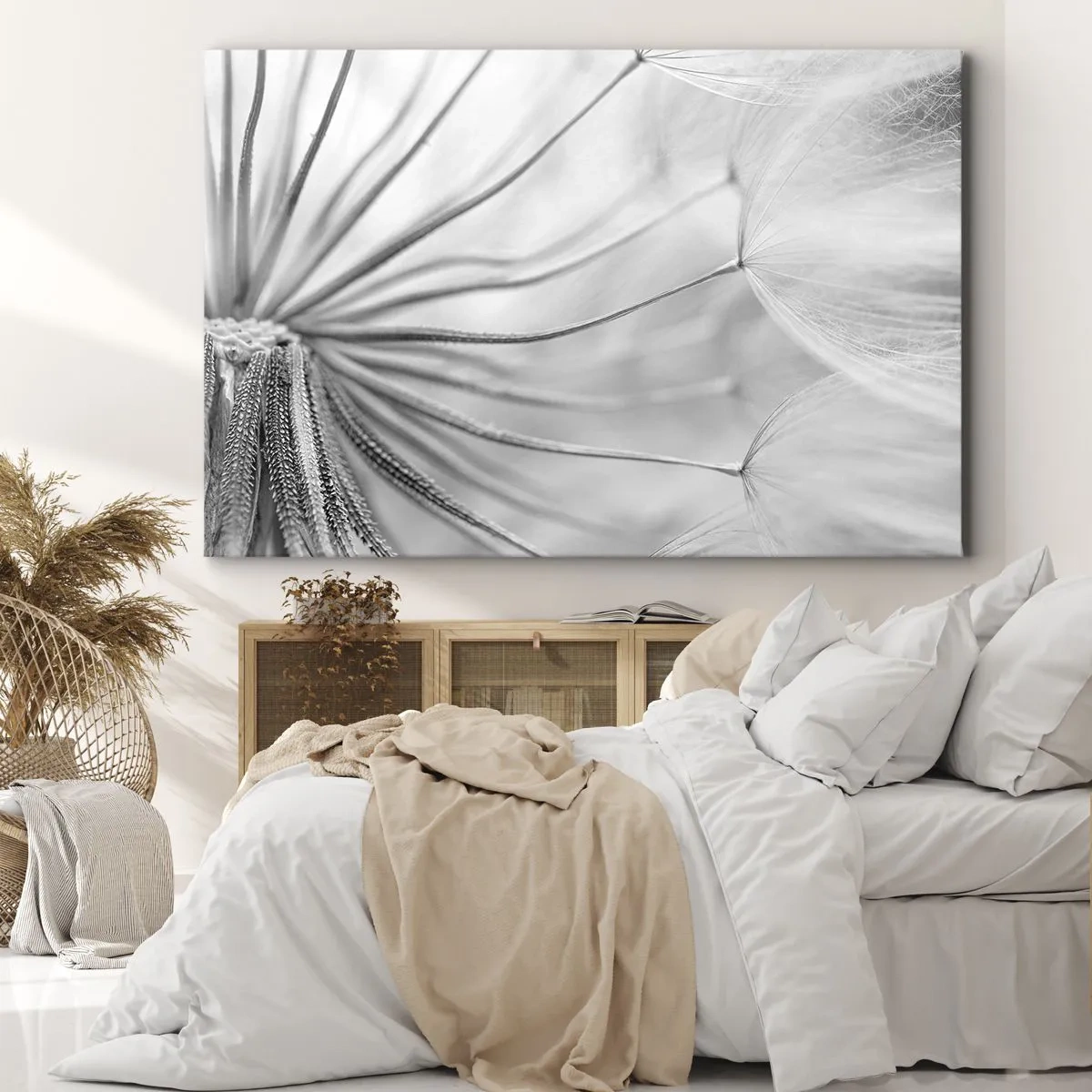 Impression sur toile - Image sur toile - Pissenlits délicats dans des tons noir et blanc - 70x50cm - Aigrette avant son envol - Décoration murale moderne pour le salon et la chambre ARTTOR