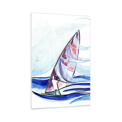 Impression sur verre - Image sur verre - Un surfeur chevauchant les vagues dans une composition abstraite à l'aquarelle - 80x120cm - Avec le vent au rythme des vagues - Décoration murale moderne pour le salon et la chambre ARTTOR
