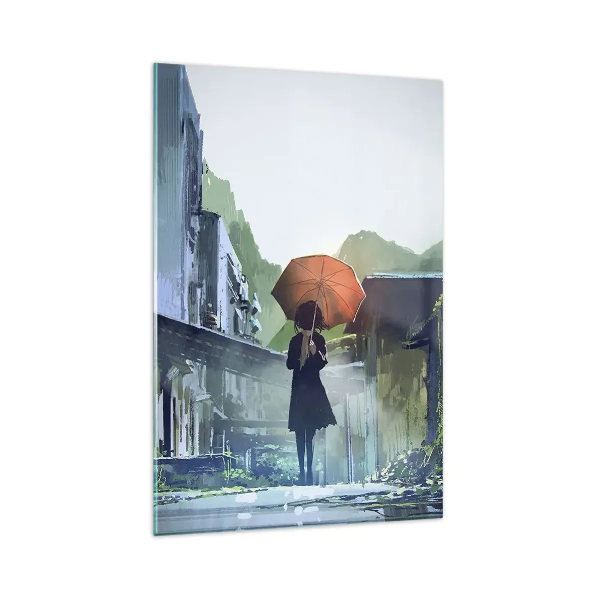 Impression sur verre - Image sur verre - Une silhouette avec un parapluie dans une ville pluvieuse - 80x120cm - Pluie vivifiante - Décoration murale moderne pour le salon et la chambre ARTTOR