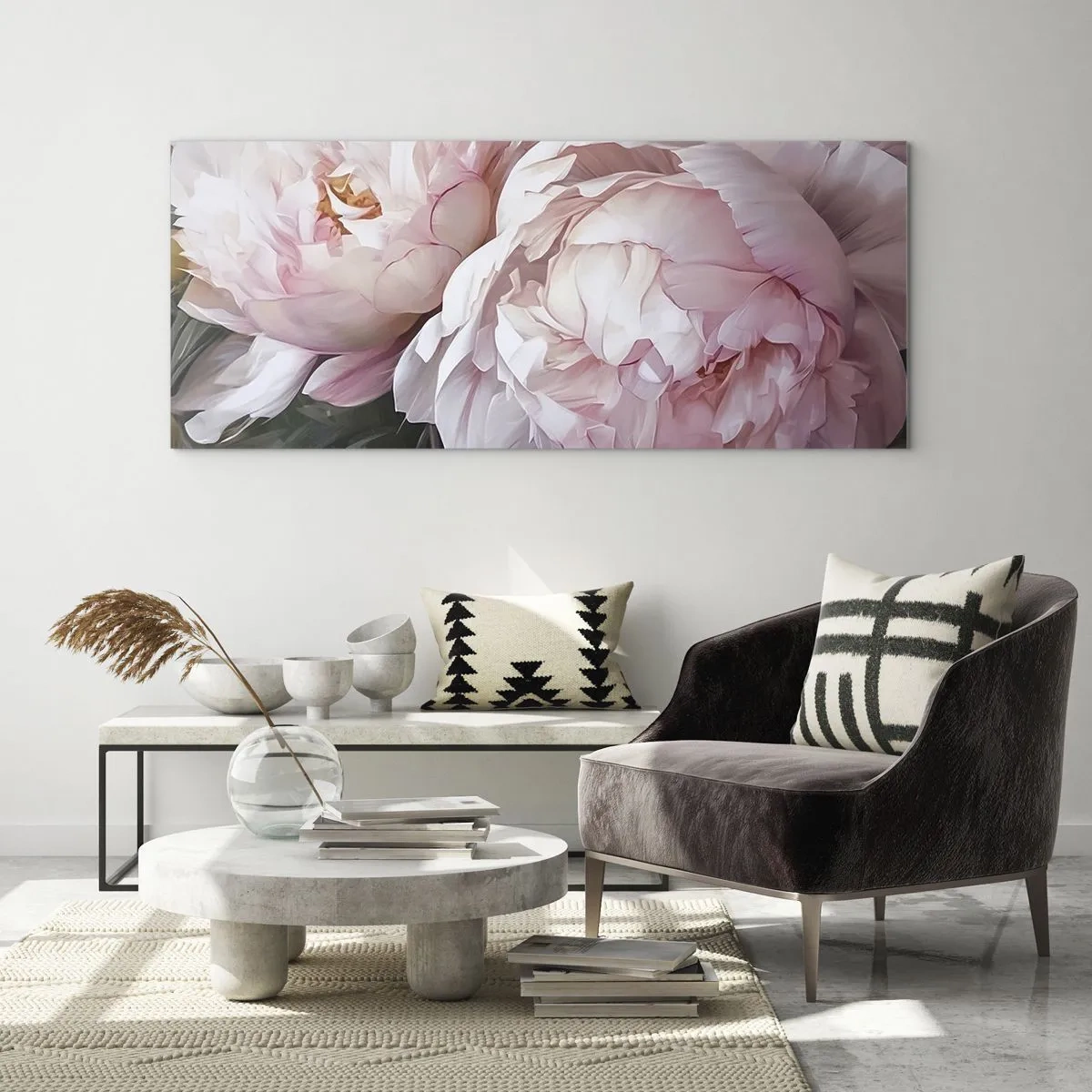 Impression sur verre - Image sur verre - Pivoines roses délicates en pleine floraison - 120x50cm - Arrêté en pleine floraison - Décoration murale moderne pour le salon et la chambre ARTTOR