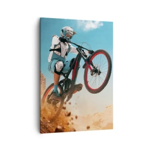 Impression sur toile - Image sur toile - Un vététiste effectue un saut sur fond de rochers - 50x70cm - Démon de la folie du vélo - Décoration murale moderne pour le salon et la chambre ARTTOR