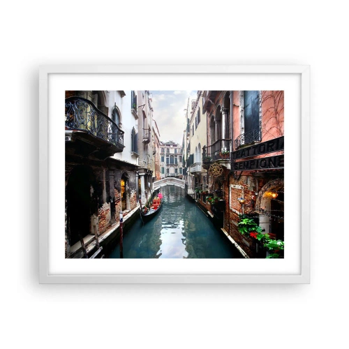 Affiche dans un cadre blanc - Poster - Paysage vénitien avec une gondole et un pont - 50x40 cm