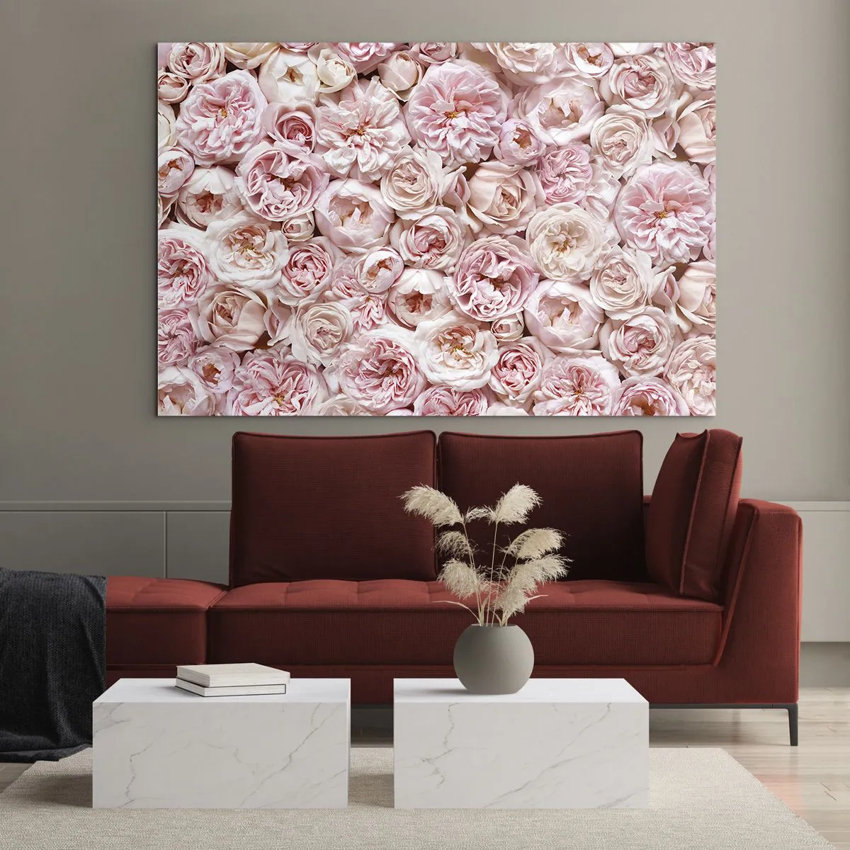 Impression sur verre - Image sur verre - Roses pastel dans une composition florale dense - 100x70cm - Un lit de roses - Décoration murale moderne pour le salon et la chambre ARTTOR