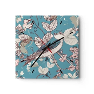 Horloge murale - Pendule murale - Un oiseau sur une branche dans un style floral délicat - 30x30cm - Dans le bois blanc du rouge et de l'argent - Décoration murale moderne pour le salon et la chambre ARTTOR