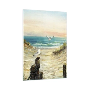 Impression sur verre - Image sur verre - Côte avec mouettes et dunes au coucher du soleil - 80x120cm - Retraite au calme - Décoration murale moderne pour le salon et la chambre ARTTOR