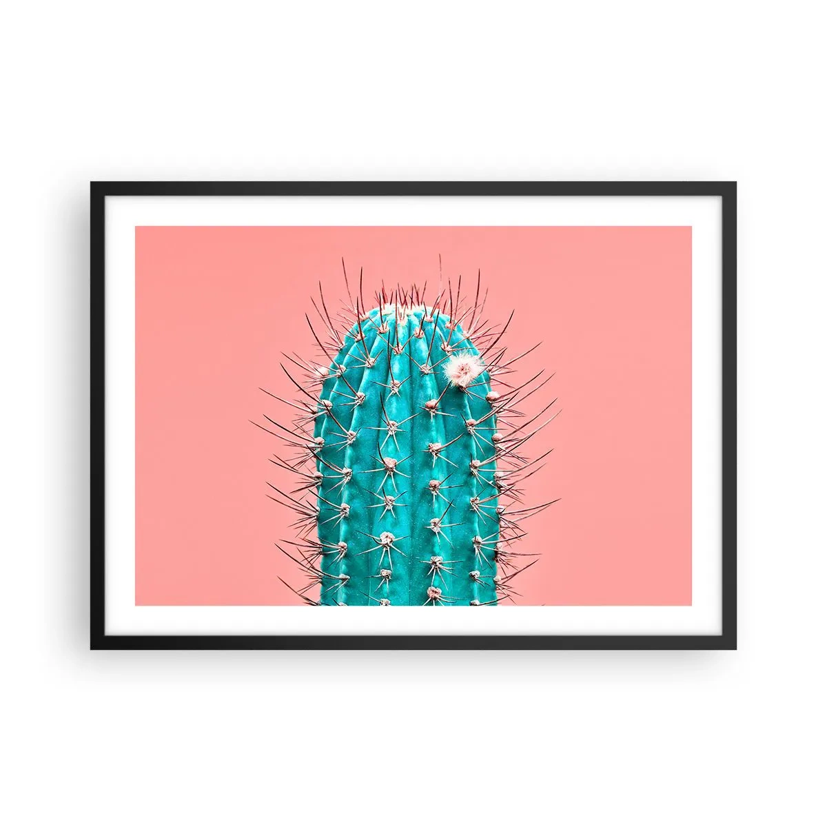 Affiche dans un cadre noir - Poster - Une interprétation artistique d'un cactus sur fond rose - 70x50cm - Juste regarde - Décoration murale moderne pour le salon et la chambre ARTTOR