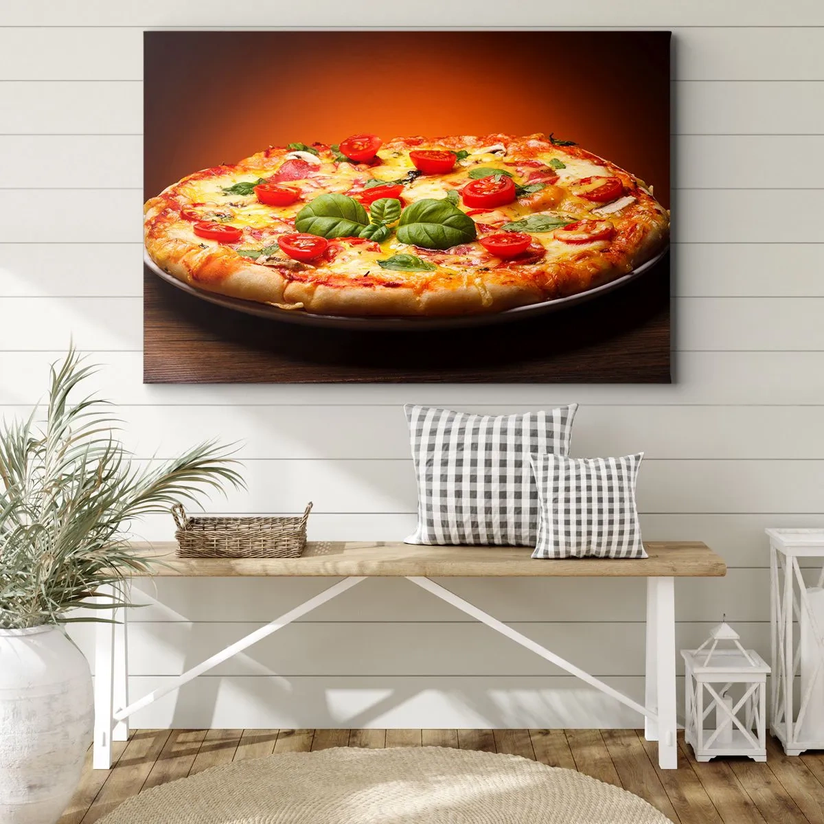 Impression sur toile - Image sur toile - Pizza aux tomates et au basilic sur une table en bois - 100x70cm - Mamma mia! - Décoration murale moderne pour le salon et la chambre ARTTOR