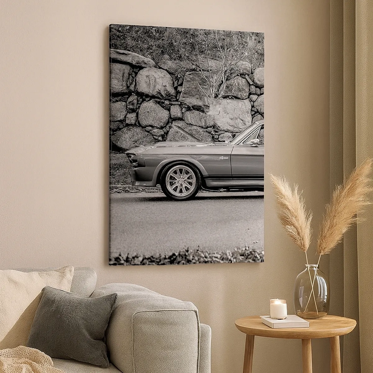 Impression sur toile - Image sur toile - Photo en noir et blanc d'une voiture classique - 50x70cm - Légende des années 60 - Décoration murale moderne pour le salon et la chambre ARTTOR