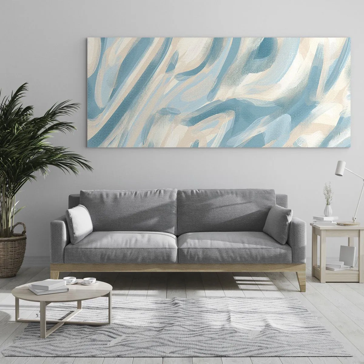 Impression sur verre - Image sur verre - Des stries bleues abstraites sur un fond clair - 140x50cm - Brise printanière - Décoration murale moderne pour le salon et la chambre ARTTOR