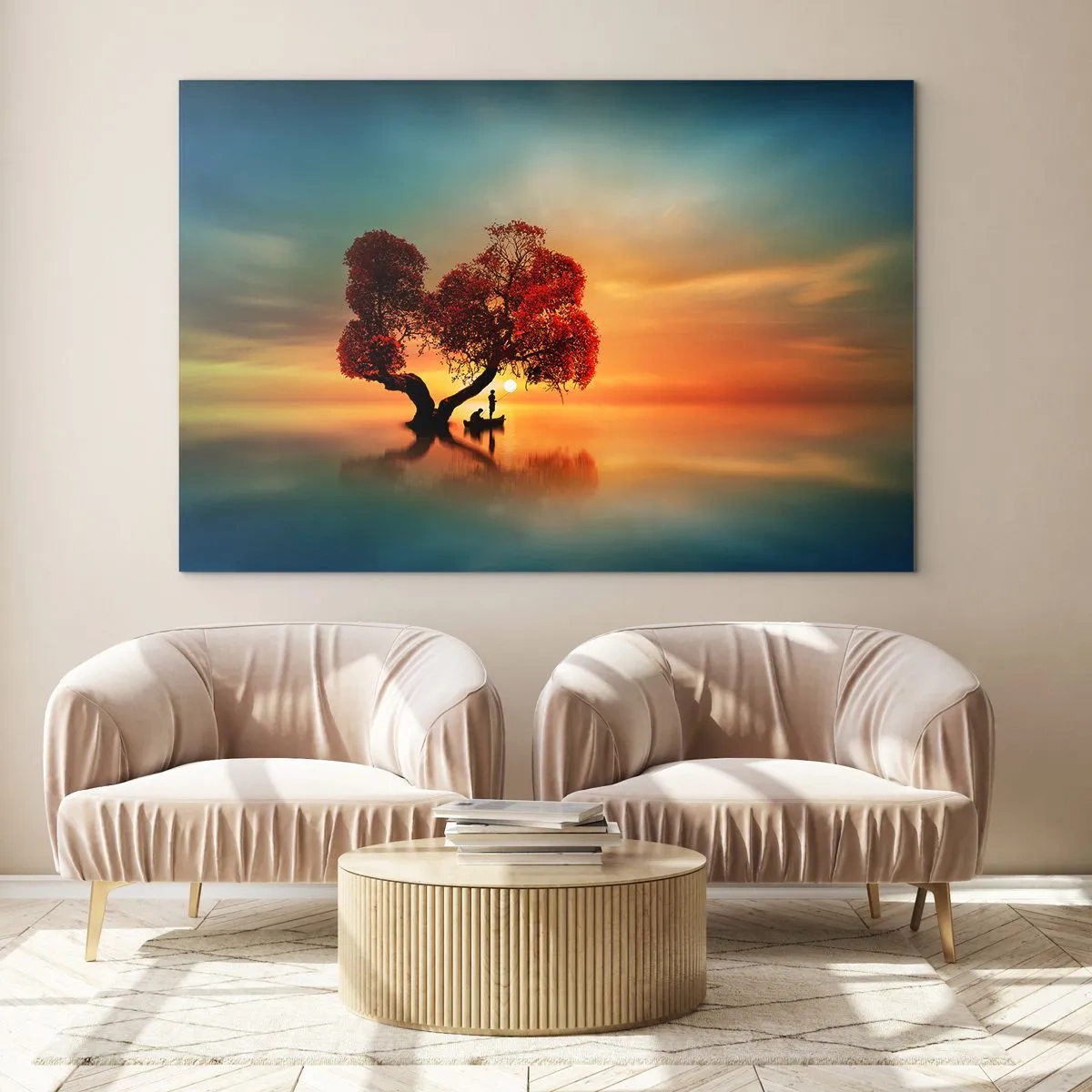 Impression sur verre - Image sur verre - Un arbre aux feuilles rouges sur fond de coucher de soleil - 120x80cm - Plénitude et éloignement sans monde - Décoration murale moderne pour le salon et la chambre ARTTOR
