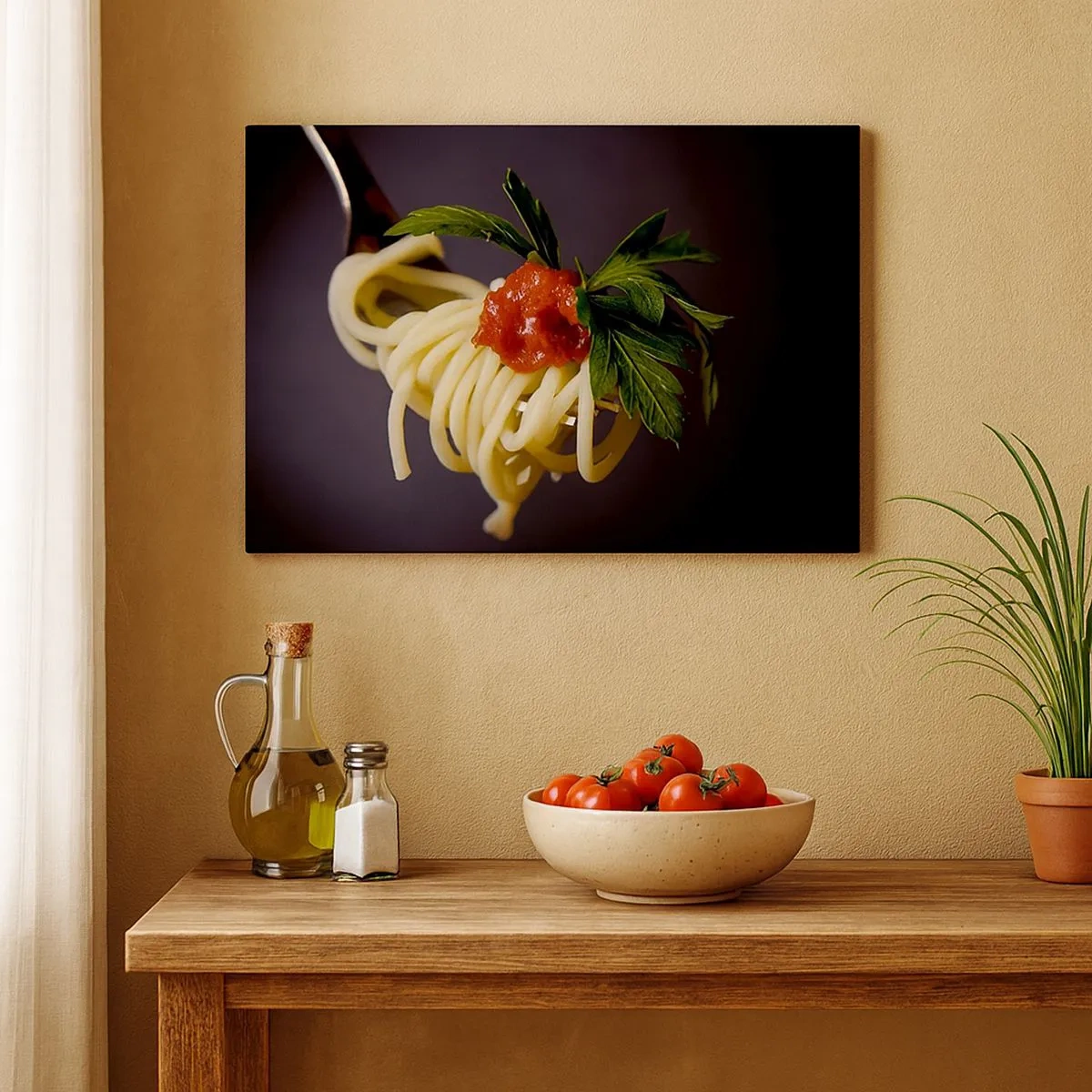 Impression sur toile - Image sur toile - Spaghettis à la fourchette avec sauce tomate et persil - 70x50cm - Une bouchée savoureuse - Décoration murale moderne pour le salon et la chambre ARTTOR