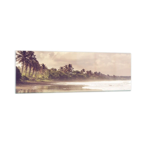 Impression sur verre - Image sur verre - Une plage avec des palmiers et des vagues douces le matin - 160x50cm - La caresse des vagues - Décoration murale moderne pour le salon et la chambre ARTTOR