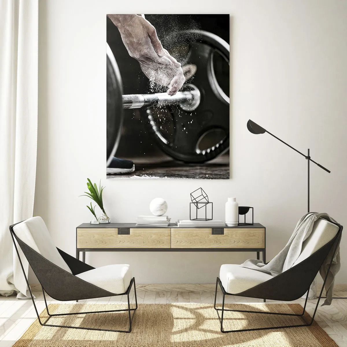 Impression sur verre - Image sur verre - Haltérophilie avec de la craie sur les mains et une barre - 50x70cm - Défi accepté! - Décoration murale moderne pour le salon et la chambre ARTTOR